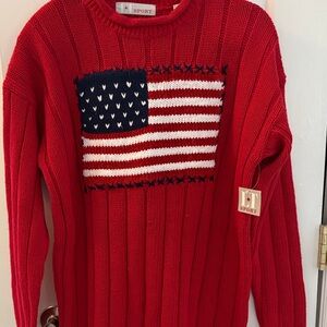 Sporto Red Crewneck Sweater with Navy and White Flag Motif